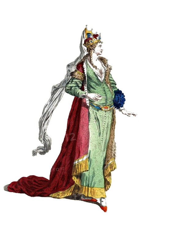 Historical clothing, fashion over the course of time, clothing of a Tartar princess, 1700, digitally restored reproduction of a model from the 18th/19th century, exact date unknown, queen in a green dress with red cape, looks majestic and elegant