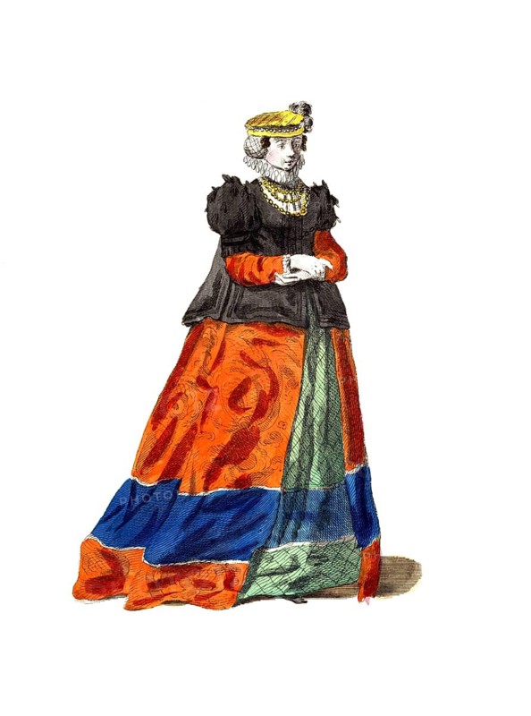 Historical clothing, fashion in the course of time, clothing of a noble lady from Swabia in 1581, Germany, digitally restored reproduction of a model from the 18th/19th century, exact date unknown, lady in multicoloured, decorative Renaissance robe with hat and jewellery