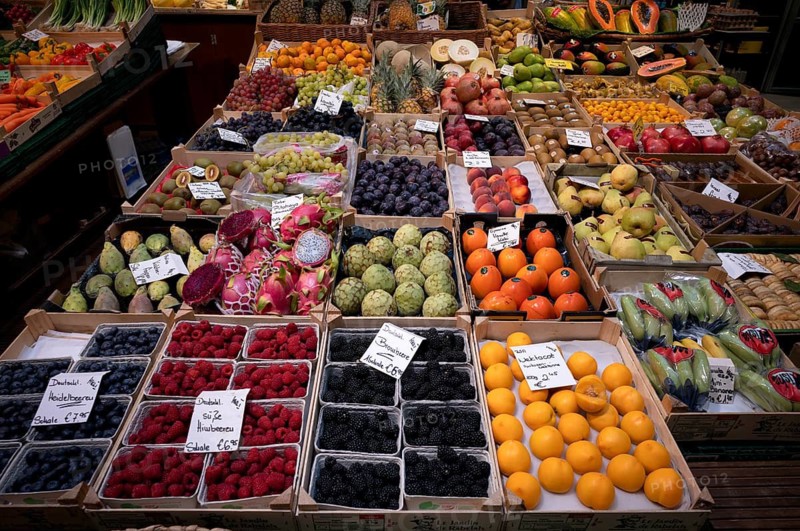 Interior view market hall, fruit stall, fruit, tropical fruit, pitahaya, prickly pears, food market, food, stall, Stuttgart, Baden-Württemberg, Germany
