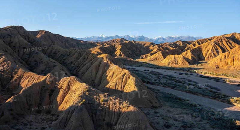 Canyon of the Forgotten Rivers, Issyk Kul, Kyrgyzstan, landscape of eroded hills at sunrise, Badlands, white mountain peaks of the Tian Shan Mountains in the background