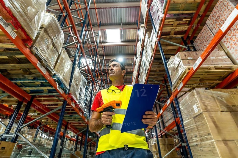 Low angle view of a mature male manual worker taking inventory in a huge storage warehouse full of boxes in the shelves