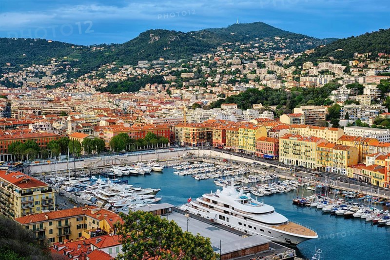 View of Old Port of Nice with luxury yacht boats from Castle Hill, France, Villefranche-sur-Mer, Nice, Cote d'Azur, French Riviera