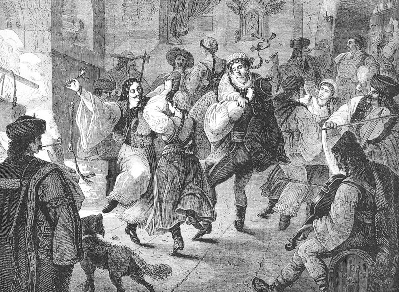 Dancing at a carnival in a village inn, 1869, in Hungary, Historic, digitally restored reproduction of a 19th century original, exact original date unknown