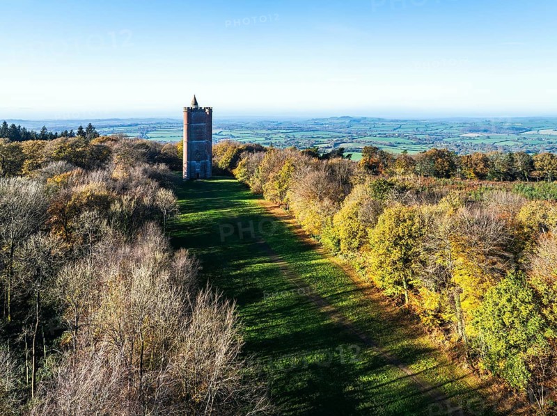 Autumn over Alfred's Tower from a drone, Stourhead, Somerset, England, United Kingdom