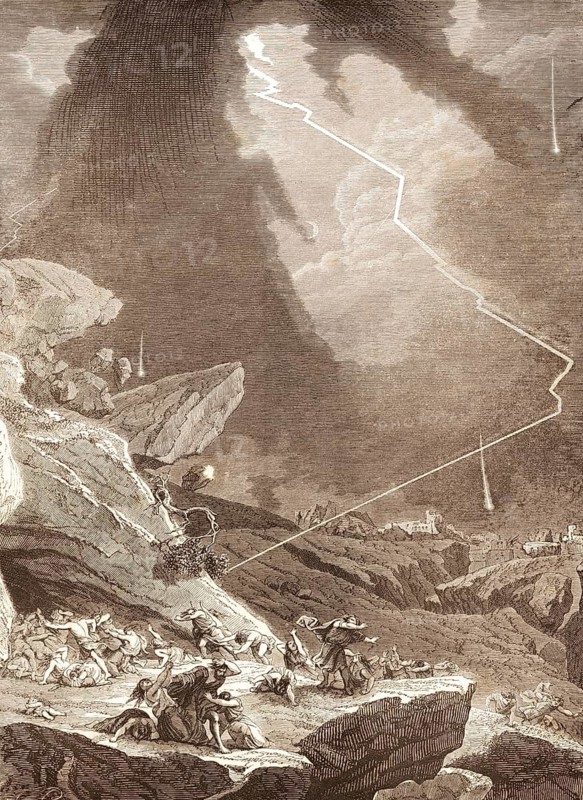 The opening of the Six Seal, Day of Wrath, Judgment of God, Earth Ebet, Darkness, Lightning, Destruction, Sky, Stars Fall, Chaos, People Flee, Letter, Bible, New Testament, Historical Illustration 1850
