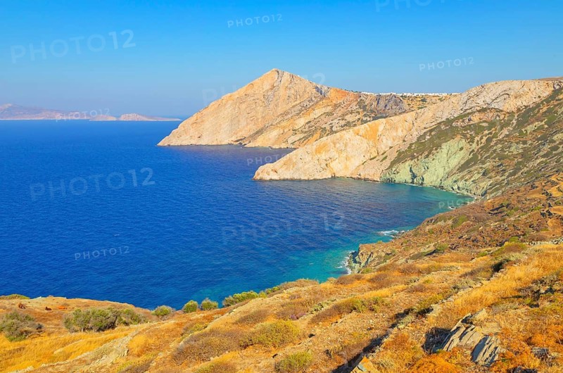 View of Vorina beach and coastline, Chora, Folegandros Island, Cyclades Islands, Greece