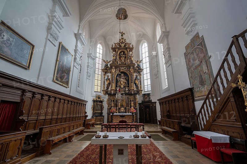 Choir stalls with the high altar from 1630, Catholic parish church of St Emmeram, Wemding, Swabia, Bavaria, Germany