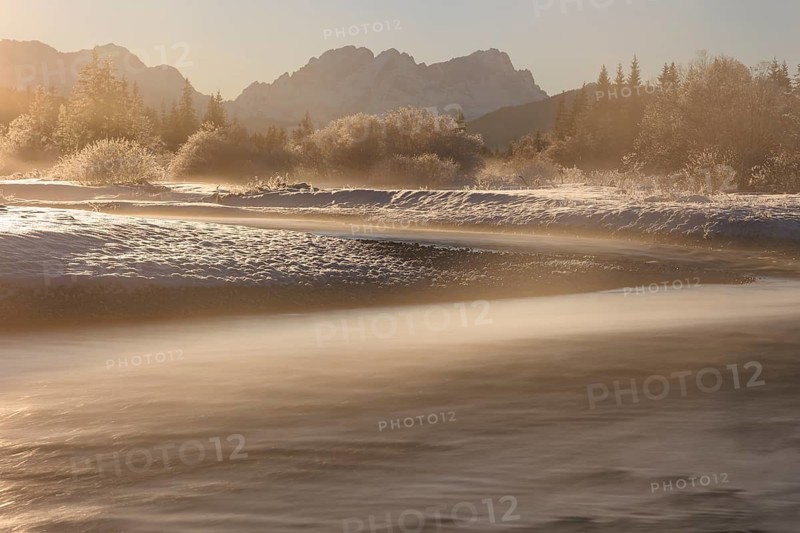 Wild river, riverbed, winter, snow, hoarfrost, backlight, fog, long exposure, Isar, view of Zugspitze, Wetterstein range, Bavaria, Germany