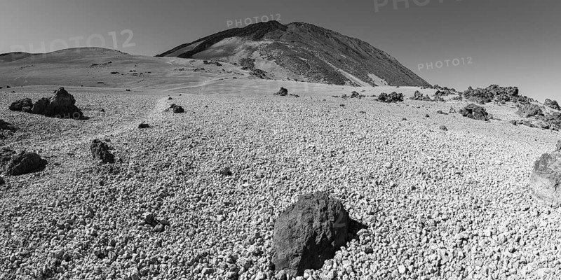 Hiking trail and rock formations, volcanic landscape in El Teide National Park, behind it the Pico del Teide, 3715m, World Heritage Site, Tenerife, Canary Islands, Spain