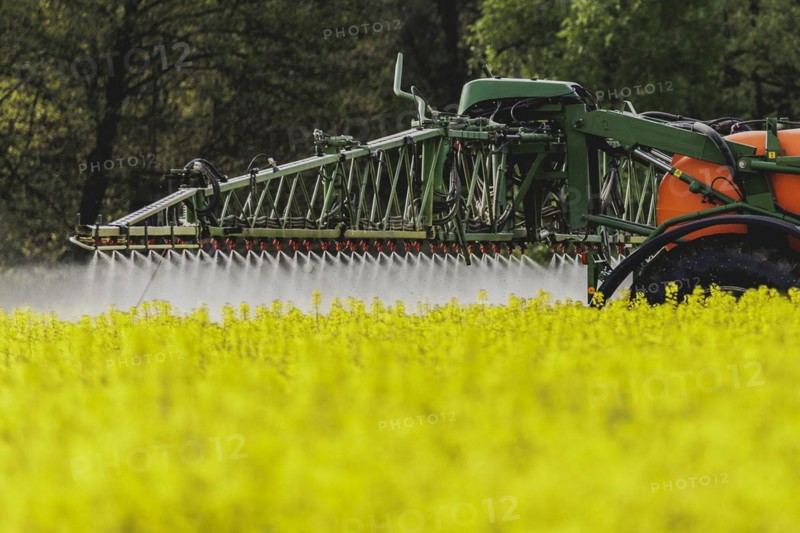 A tractor with trailer field sprayer in a rapeseed field, photographed in Waldhufen, 12/04/2024