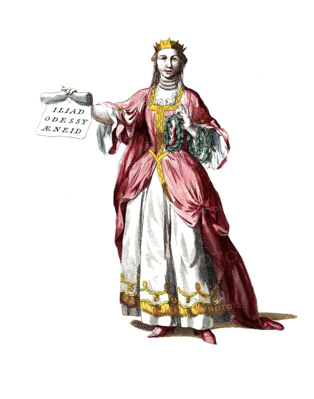 Historical clothing, fashion over time, Calliope (1757-1772), Calliope is the oldest and wisest of the nine classical muses and was therefore the judge in the dispute between Aphrodite and Persephone over Adonis, according to Greek mythology one of the nine daughters of Zeus and Mnemosyne, digitally restored reproduction of a model from the 18th/19th century, exact date unknown, crowned woman with scroll in an elegant pink dress, classical