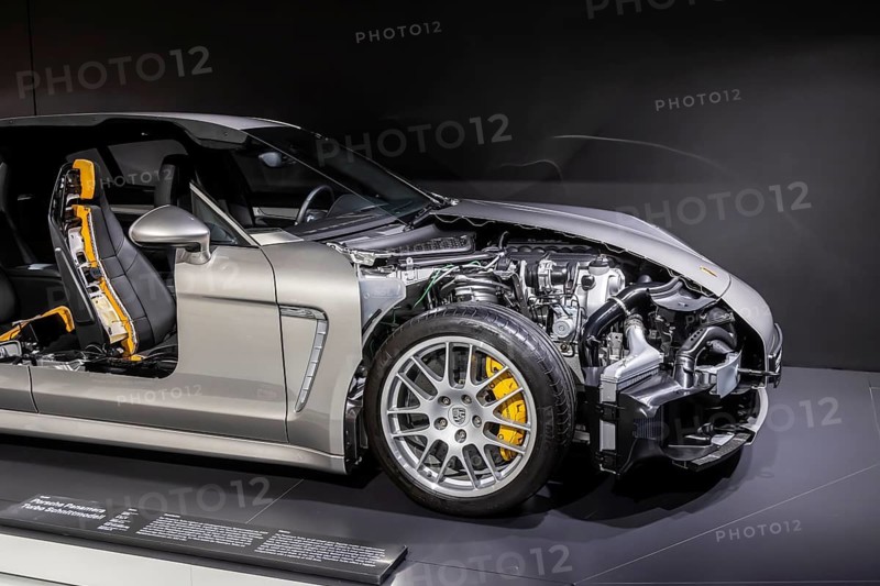 Porsche Museum Stuttgart-Zuffenhausen. Porsche Panamera Turbo pattern built in 2009. The automotive museum of Dr. Ing. h.c. F. Porsche AG shows racing cars and iconic cars from automotive history. interior view. Stuttgart, Baden-Württemberg, Germany