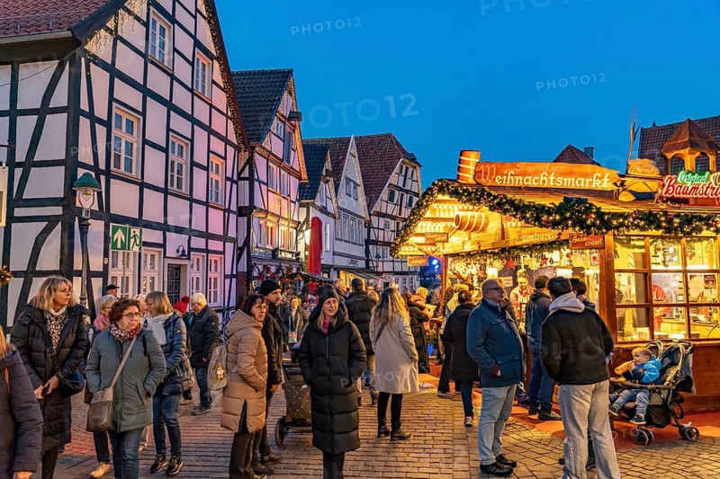 Christmas market and timbering in Soest at dusk, North Rhine-Westphalia, Germany