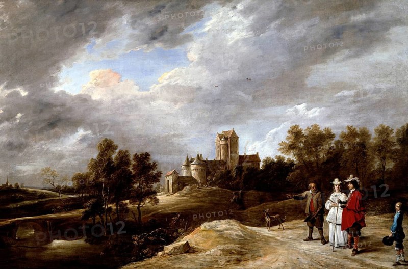 A castle and its owners, painting by David Teniers (baptised 15 December 1610 in Antwerp, died 25 April 1690 in Brussels), Flemish painter, draughtsman and curator. He was an innovator in a variety of genres such as history painting, genre painting, landscape, portrait and still life. He is most remembered today as the leading Flemish genre painter of his time, reproduction from a 17th century painting. Authentic, file restored for optimal use, exact date of original unknown
