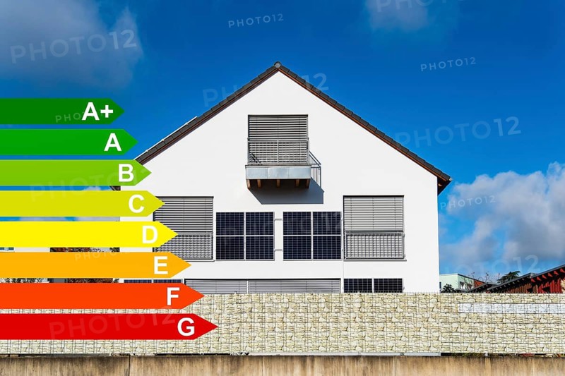 Solar panels on a house wall of a detached house in Aachen, energy efficiency classes according to the GEG, Aachen, Germany
