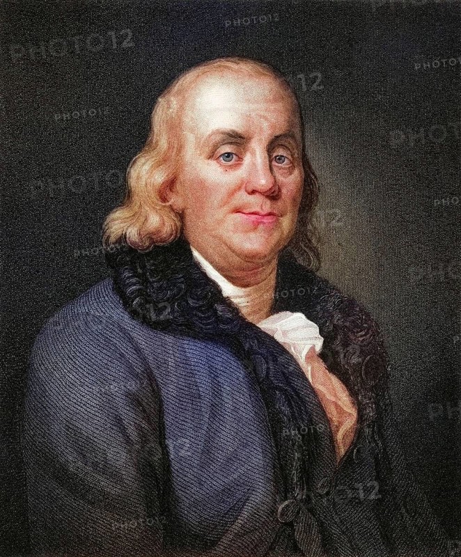 Benjamin Franklin (born 17 January 1706 in Boston, d. April 1790 in Philadelphia, Pennsylvania) was an American printer, publisher, writer, scientist, inventor and statesman, Historical, digitally restored reproduction from a 19th century original, Record date not stated