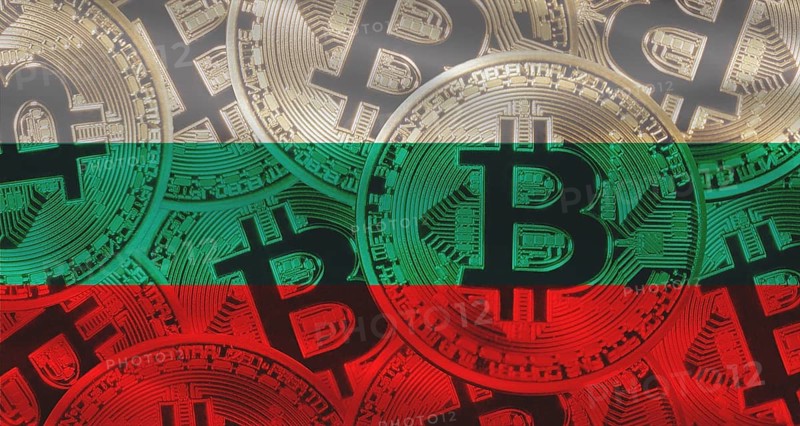 Golden bitcoins on Bulgaria flag background. Bitcoin coins on Bulgaria flag background