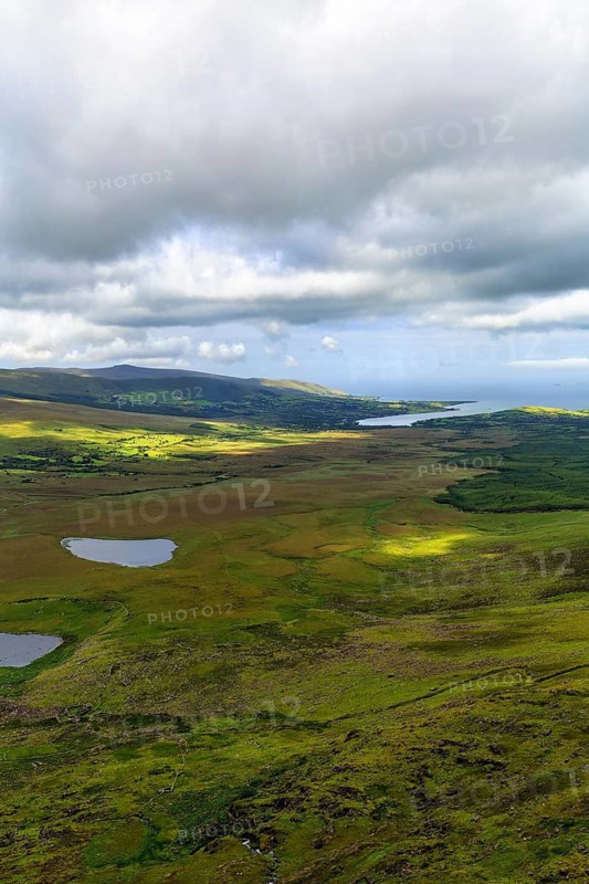 View from Connor Pass, also Conor Pass, to Brandon Bay, coastline, Dingle Peninsula, County Kerry, Wild Atlantic Way, Ireland