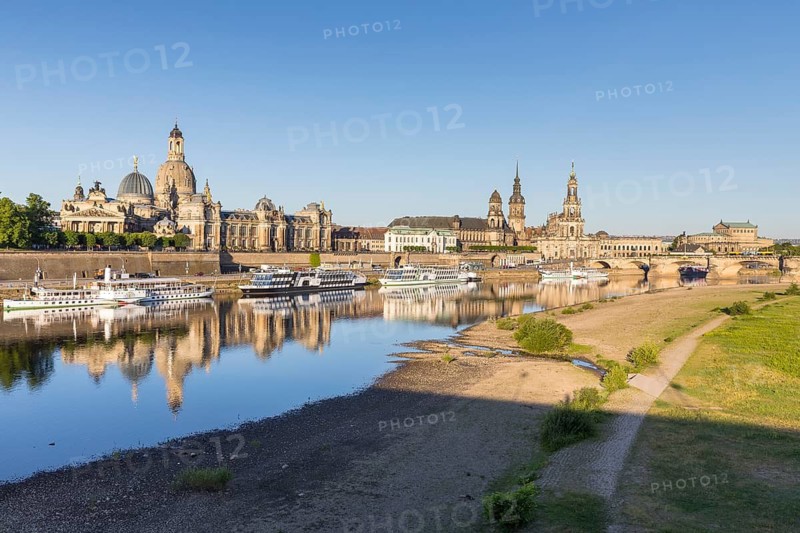 City view with reflection in the Elbe, steamer of the Saxon Steamship Company, Academy of Fine Arts, Church of Our Lady, Secondary Residence, Ständehaus, Hausmannsturm, Court Church, Semper Opera, Dresden, Saxony, Germany