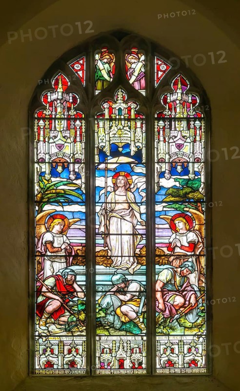 Stained glass east window of the Resurrection by Ward and Hughes c 1884, Theberton church, Suffolk, England, UK