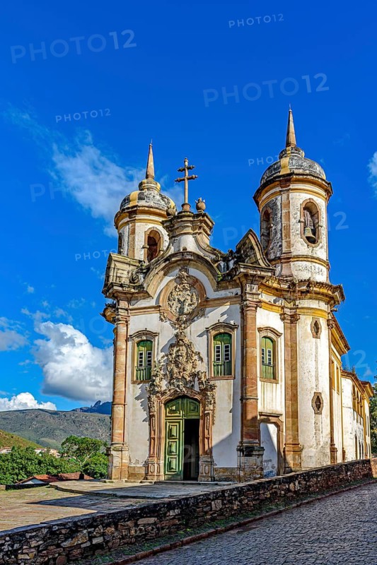 Baroque cathedral in the historic city of Ouro Preto illuminated by the sun, Ouro Preto, Minas Gerais, Brazil