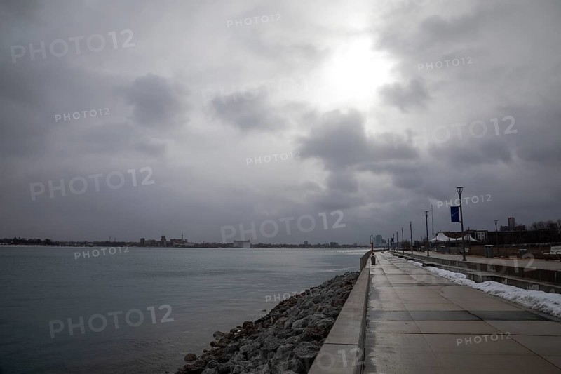 Detroit, Michigan - The Detroit River and the Detroit Riverwalk on a cold, cloudy winter day