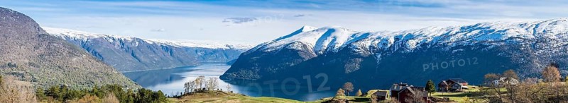 View over meadows and trees towards the Lustrafjord, the inner branch of the Sognefjord, Norway