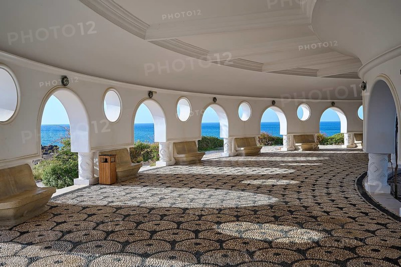 Light-flooded interior of a circular building with round windows offering a view of the sea, thermal springs, thermal baths, thermal baths of Kallithea, Kallithea, Rhodes, Dodecanese, Greek Islands, Greece