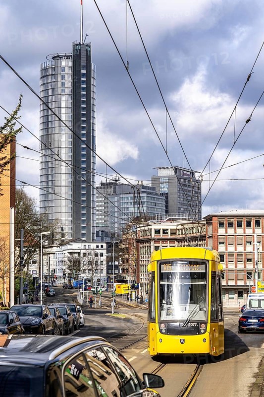 Essen city centre, RWE Tower, EVONIK building, Gutenbergstraße in the southern district, tram line, North Rhine-Westphalia, Germany