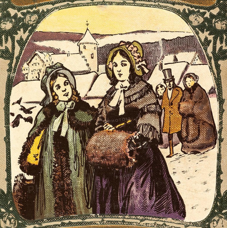Walk on a wintry Sunday, wealthy parents and children dressed warmly in furs, education, family, top hat, habit, snowy landscape, village scene, castle in the background, mountains, historical illustration 1890