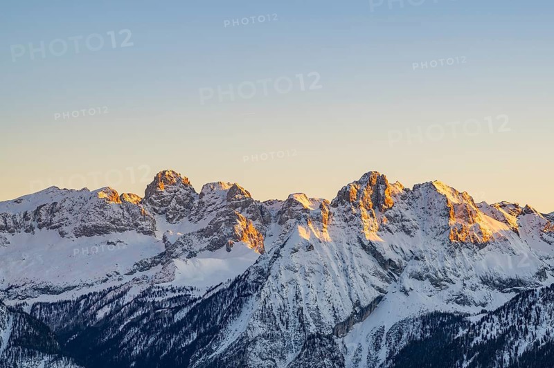 Beautiful landscape of the Mountain silhouettes of the Sexten Dolomites on a sunny winter day, South Tyrol, Trentino-South Tyrol, Alto-Adige, Italy