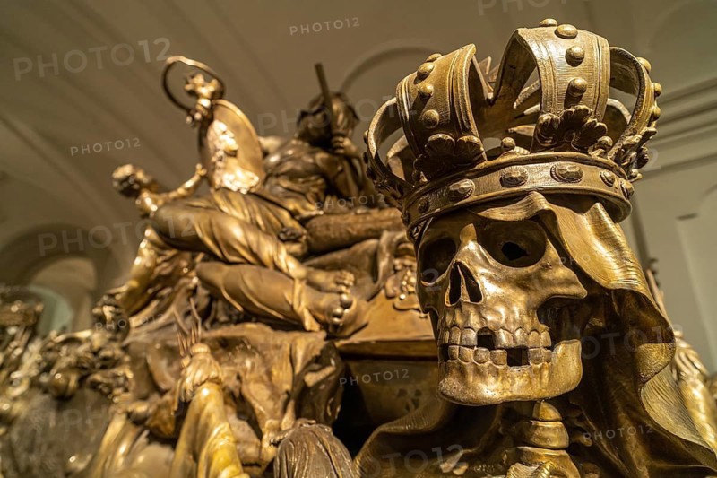 Skull with crown on the sarcophagus of Emperor Charles VI, Capuchin Crypt in Vienna, Austria