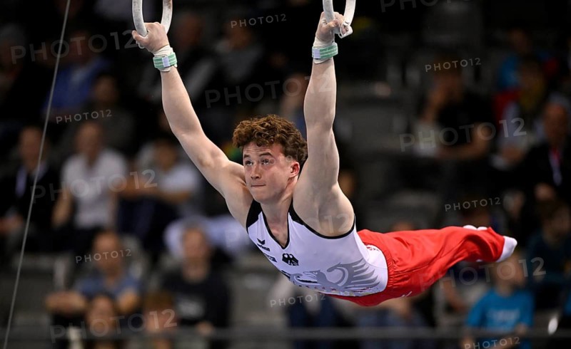 Alexander Kurz GER rings action gymnastics, EnBW DTB-Pokal, Porsche-Arena, Stuttgart, Baden-Württemberg, Germany
