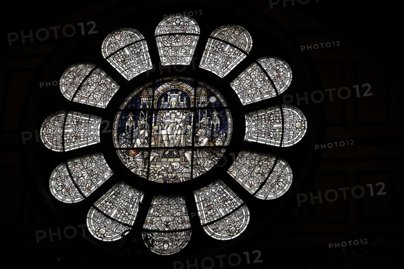 Round church window with black and white stained glass, rosette, handicraft, interior view, Church of the Redeemer, Bad Homburg, Taunus, Hesse, Germany