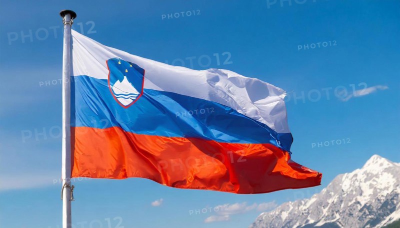 Flags, the national flag of Slovenia flutters in the wind