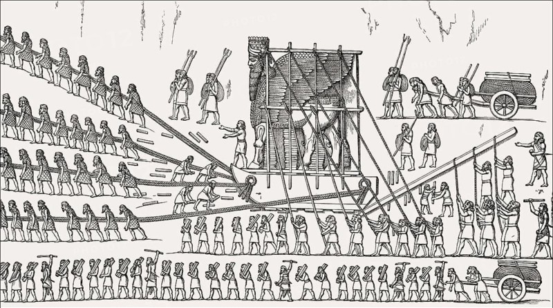 Construction site with a Human-headed winged bull, Nineveh, Neo-Assyrian Empire