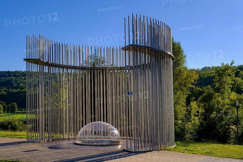 Round fountain, at the graduation works, graduation building, salt works, modern sculpture, Steinhof, Lower Salt Works, Bad Kissingen, Rhön, Lower Franconia, Franconia, Bavaria, Germany