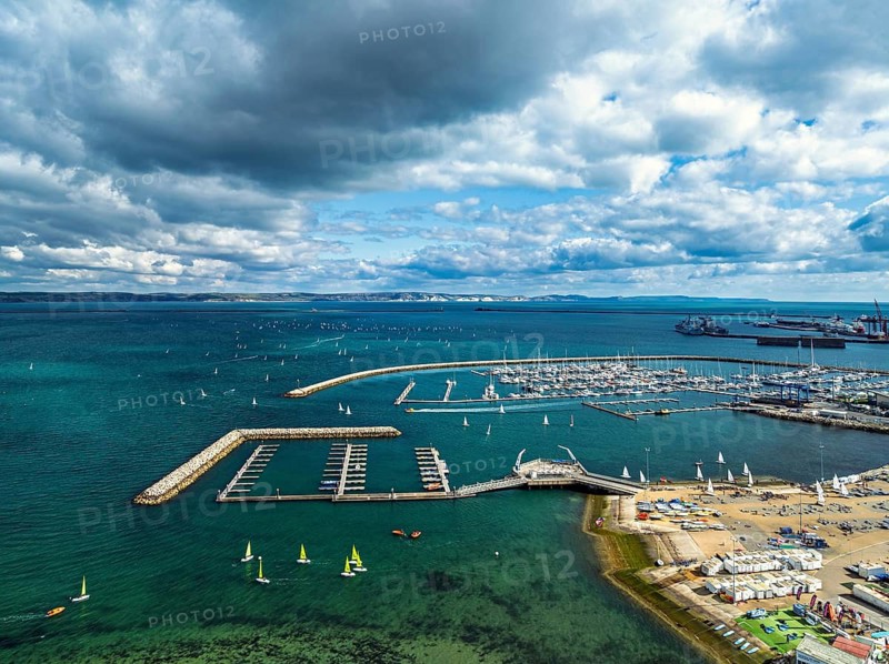 Sailboats on Portland Branch RNSA Moorings from a drone, Portland Harbour and Marina, Portland, Dorset, England, United Kingdom