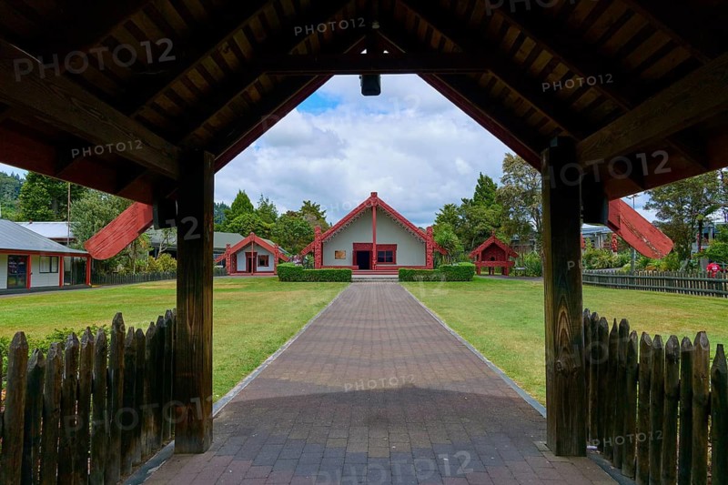Traditional Maori village with red roofs and well-tended garden, New Zealand Maori Arts and Crafts Institute, Te Puia, Whakarewarewa, Rotorua, North Island, New Zealand