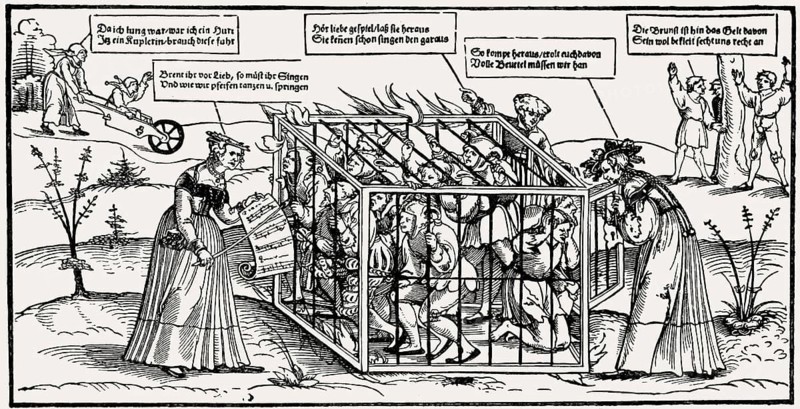 Caricature by Erhard Schön, Cage of Fools, c. 1530