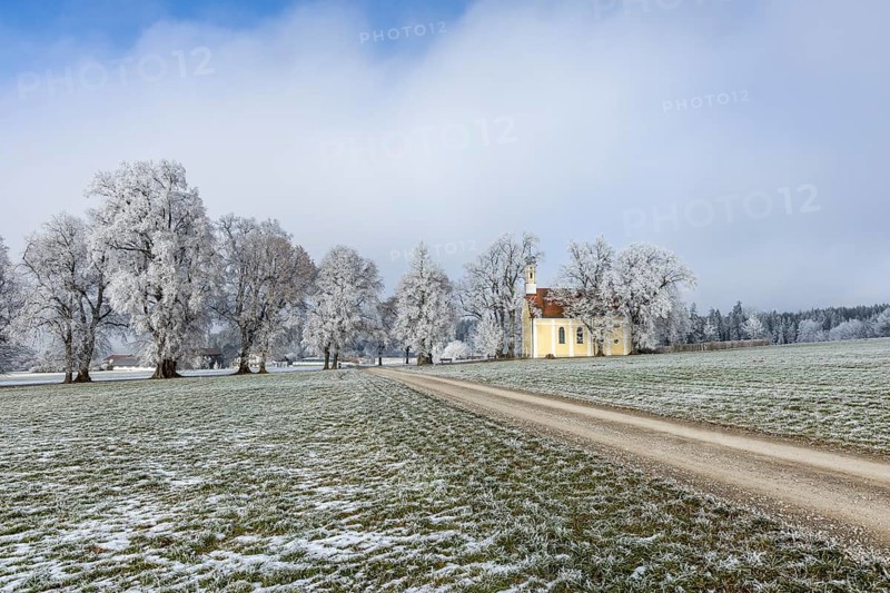 A path leads to a small church along frosty trees, Maria Schnee Chapel, Nassenbeuren, Unterallgäu, Bavaria, Germany