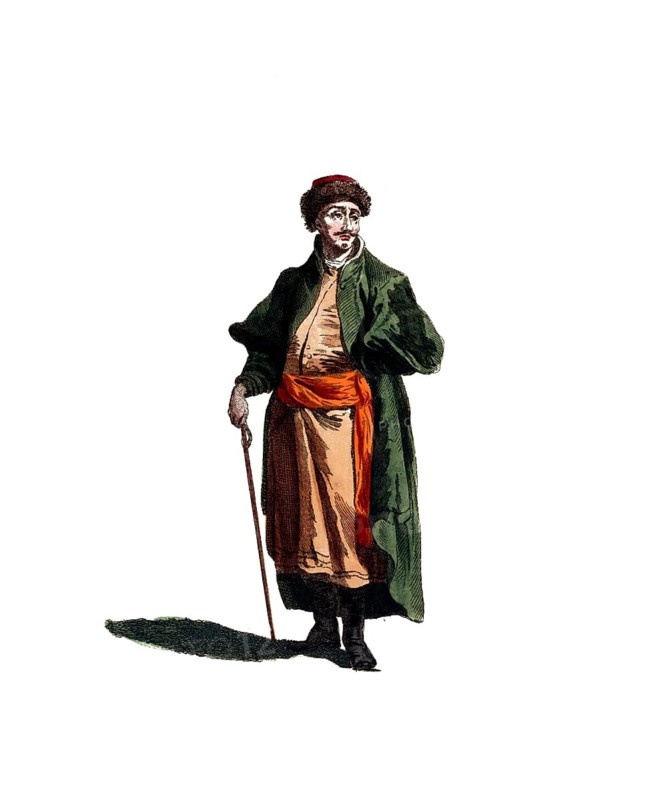 Historical clothing, fashion over the course of time, clothing of a Tatar in Kazan, which was subordinated to Russia in 1768, digitally restored reproduction of a model from the 18th/19th century, exact date unknown, man in traditional plain garb, with green coat and a walking stick