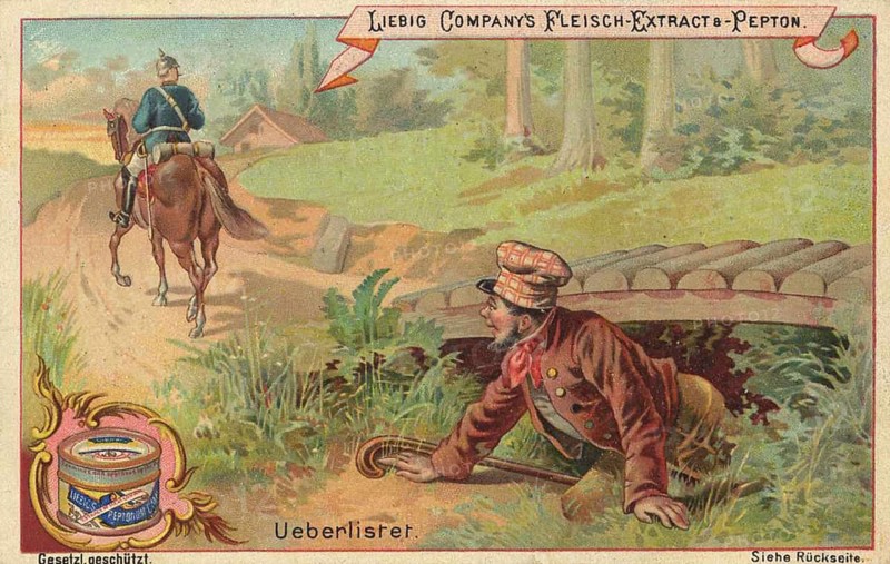 Picture series Scenes from everyday life, Outwitted, Crook has hidden under a bridge from the policeman, Liebig picture, digitally restored reproduction of a collector's picture from around 1900, public domain, exact date unknown, A man hides under a bridge while a soldier rides past on horseback