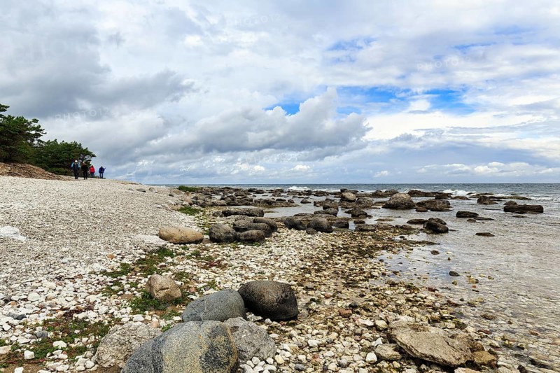 Characteristic coastline, wild natural beach, boulders, hikers on the horizon, dramatic cloudy sky, Holmudden, Fårö island, Gotland, Baltic Sea, Sweden