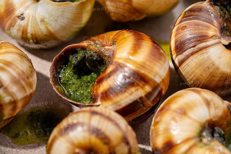 This image showcases a close-up of baked escargots, each filled with a rich, green parsley butter, highlighting the dish's gourmet appeal and intricate textures