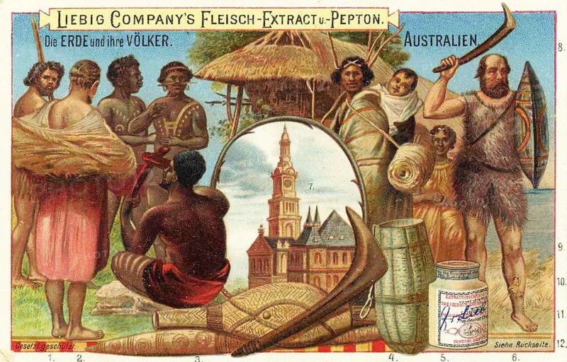 Picture series The earth and its peoples, Australia, Liebig picture, digitally restored reproduction of a collector's picture from ca 1900, public domain, exact date unknown, Australia with Aborigines, Europeans and characteristic building in a harmonious scene