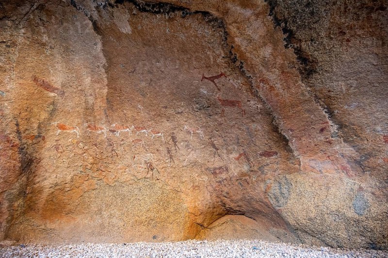 White Lady Rock Painting, White Lady Painting, Depiction of Hunters and Animals, Rock Paintings in Maack's Shelter, Tsisab Gorge, Brandberg, Erongo, Namibia