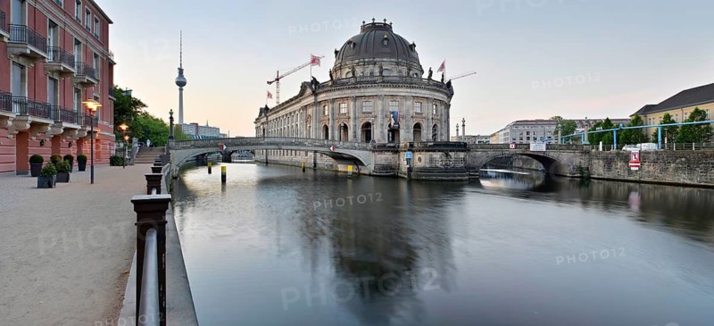 View across the Spree to Museum Island with the Bode Museum, the TV Tower in the back, Berlin-Mitte, Berlin, Germany