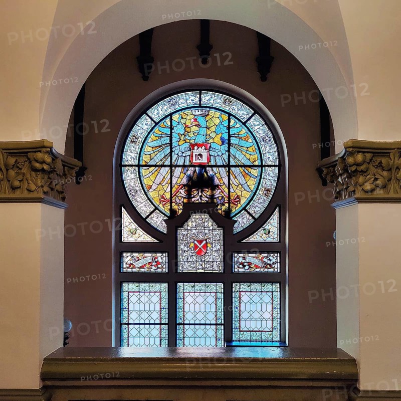 Stained glass window in the main staircase with the town coat of arms by Ferdinand Müller in Quedlinburg Town Hall, Saxony-Anhalt, Germany