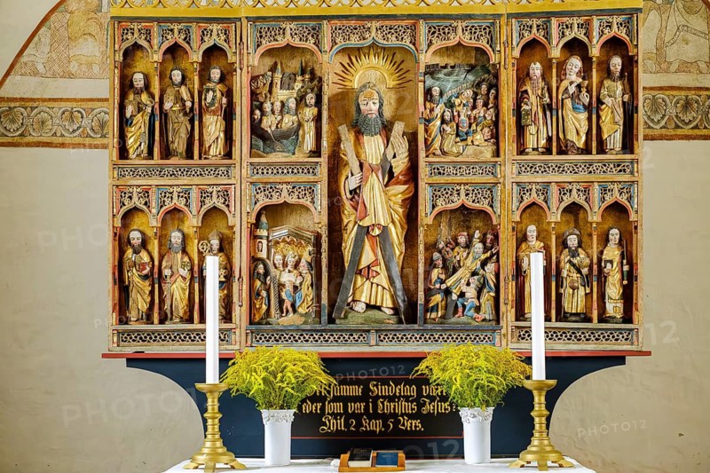 Altar and altarpiece with central depiction of St Andrew, Keldby Kirke, Keldby Church, Mön Island, Denmark, Scandinavia, Europe, for editorial use only